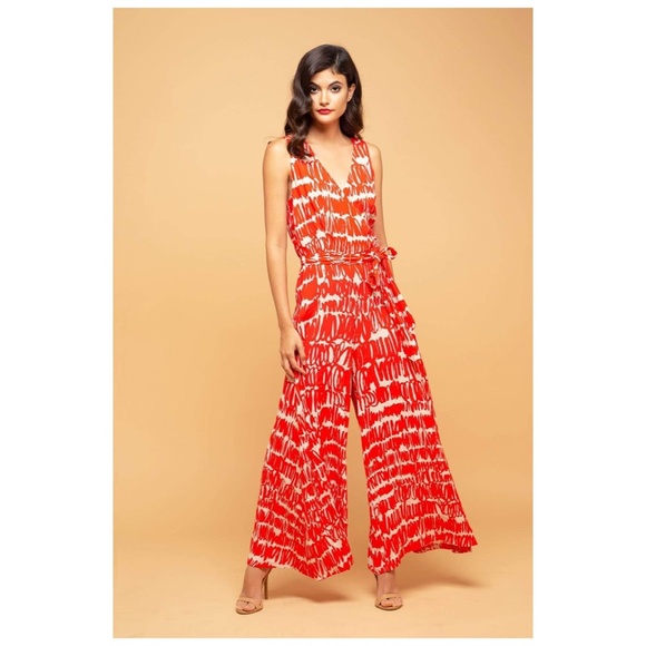 Eva Franco Anthropologie Red scribble print Wide leg Palazzo Style Jumpsuit - Picture 4 of 4